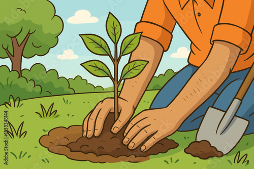 Person planting a young tree sapling in the ground. Environmental conservation, reforestation, ecology, and sustainability concept. Gardening for Earth Day and Arbor Day. Vector.