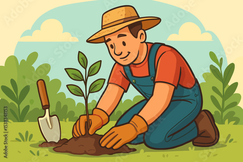 Man planting a tree sapling in the garden. Cartoon farmer character working outdoors. Concept for conservation, environmental care, growth, ecology, sustainability, Arbor Day.