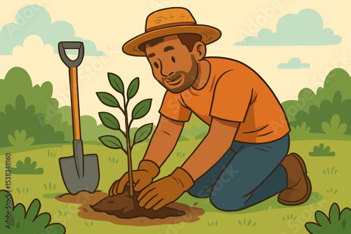 Man planting a tree sapling in a garden or park. Concept for environmental conservation, ecology, sustainability, and reforestation. Volunteer caring for nature on Earth Day.