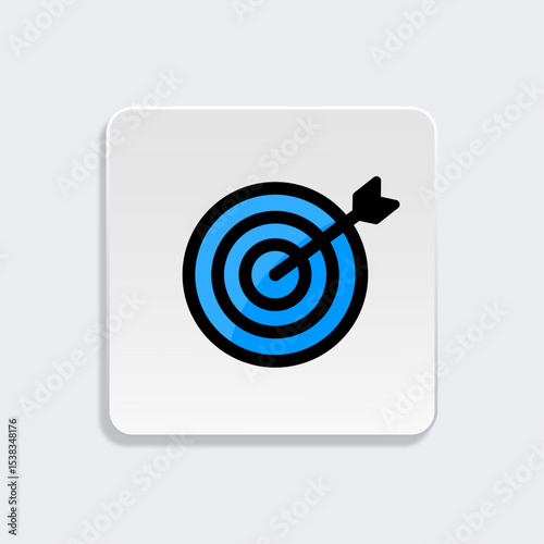 Bullseye target icon with arrow on gradient background, Goal Achievement Symbol, Blue and Black Target Graphic, Success and Precision Concept, Flat Icon Design, dart icon, vector illustration.