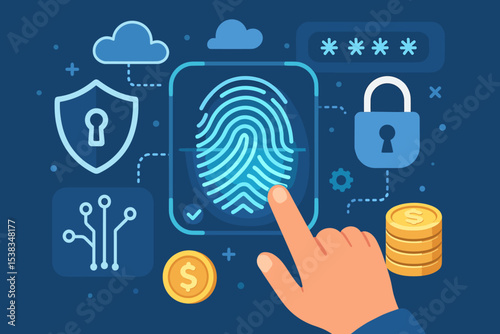 Cyber security concept with biometric fingerprint scanner. User authentication for online payment and financial data protection. Digital identity, secure access and password technology.