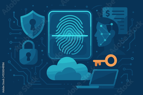 Biometric authentication and cyber security concept. Fingerprint scan and face recognition for identity verification. Data protection technology, digital privacy, secure cloud access control.