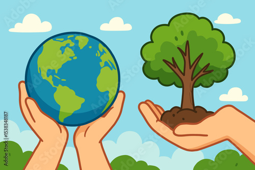 Hands holding Earth and a tree. Save the planet concept. Earth Day vector illustration. Environmental protection, ecology, conservation, sustainability, and reforestation concept.