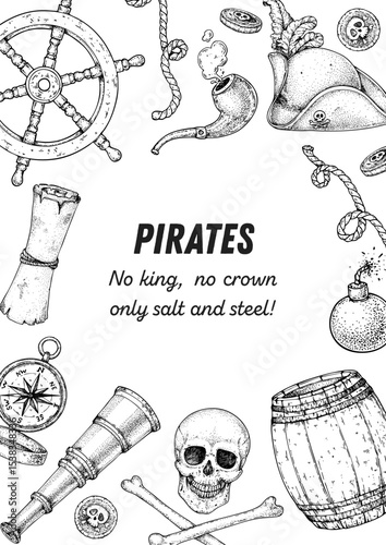 Pirate adventure frame. Hand drawn vector illustration. Sea design template. Sketch elements for pirate-marine theme design.