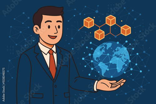 Businessman with blockchain technology and global network. Concept of decentralized finance, fintech, crypto currency, digital transformation and worldwide business. Vector illustration.