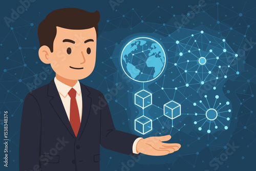 Businessman presenting blockchain technology. Global network, decentralized system, digital blocks. Fintech, cryptocurrency, Web3 innovation concept. Futuristic finance illustration.