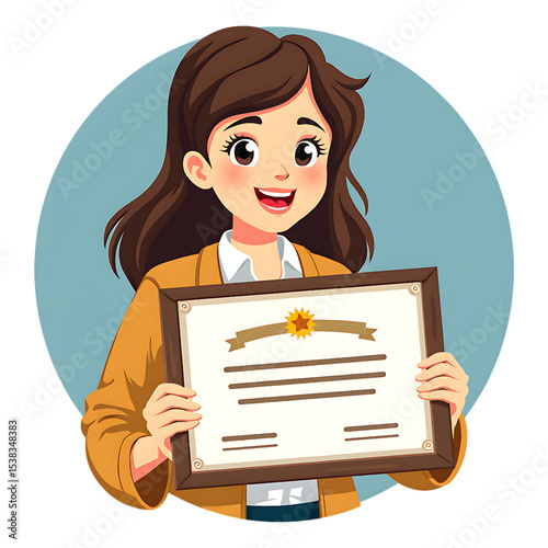Cartoon Woman Holding Certificate: Achievement, Award, Education, Success, Vector Illustration, Smiling, Brown Hair, Diploma