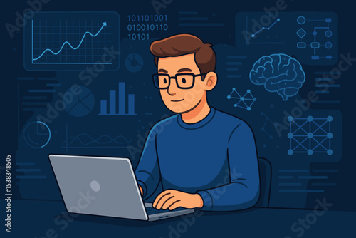Data analyst working on laptop with futuristic dashboard. Man programming with big data visualization. Business intelligence, AI concept. Financial statistics, chart, graph, brain.
