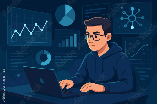 Man working on laptop with data analysis dashboard. Business intelligence and financial charts. Concept for big data processing, technology, fintech, research, and market statistics.