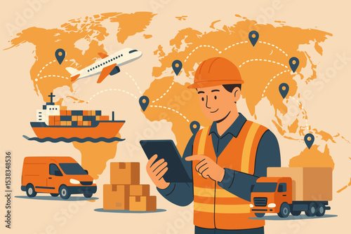 Global logistics network vector concept. Supply chain management with warehouse manager using tablet. International freight transportation by truck, ship, plane on world map background.