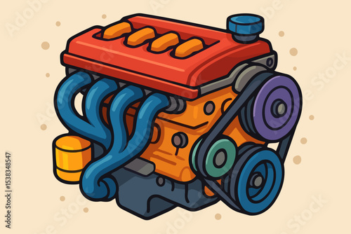 Colorful car engine vector illustration. Cartoon automotive motor for mechanic service or repair shop. Vibrant vehicle power plant with headers, belts and pulleys design concept.