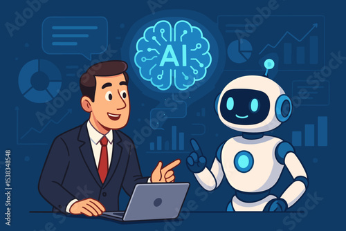 AI robot assistant consulting a businessman with a laptop. Artificial intelligence for business solutions, data analysis and growth. Future technology concept with human and bot teamwork.