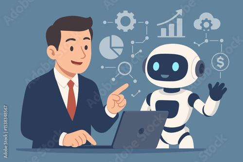 AI-powered business solution with robot assistant and businessman. Concept of automation, data analytics, financial growth strategy, partnership, and cloud computing technology.