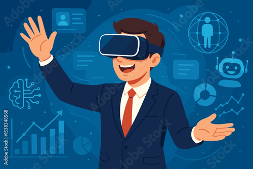 Man in VR headset exploring a virtual business world with AI, data analytics, and charts. Metaverse concept for corporate strategy, future technology, and global networking.