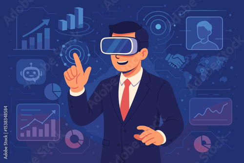 Businessman in VR headset interacting with virtual data dashboard. Concept of metaverse, business analytics, AI, and global strategy. Digital transformation and futuristic technology.