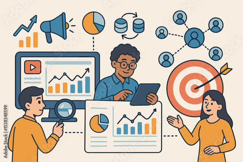 Customer data strategy and marketing analytics concept. Business team analyzing metrics for growth. Market research, audience segmentation, targeting, and campaign management.