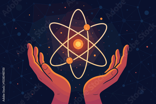 Human hands holding glowing atom symbol. Nuclear energy, science discovery, and physics research concept. Technology innovation, future power and quantum mechanics vector illustration.