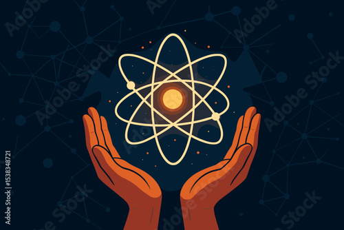 Science and technology concept with hands holding glowing atom symbol. Nuclear energy, atomic power, quantum physics research. Innovation, discovery, and future particle science vector.