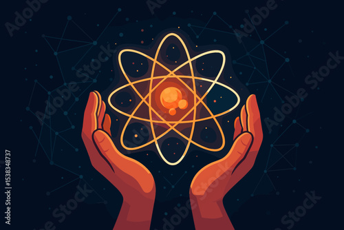 Atomic energy concept. Hands holding glowing atom. Nuclear power symbol. Science and physics research. Future technology innovation. Quantum mechanics discovery. Clean energy source.