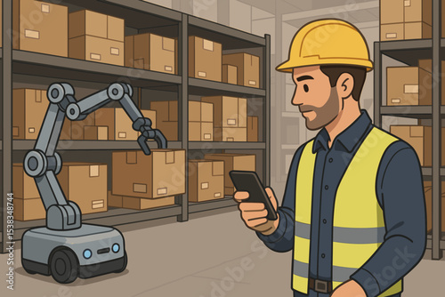 Warehouse automation concept. Worker controls robotic arm with smartphone. Autonomous robot for inventory management in logistics fulfillment center. Supply chain technology vector.