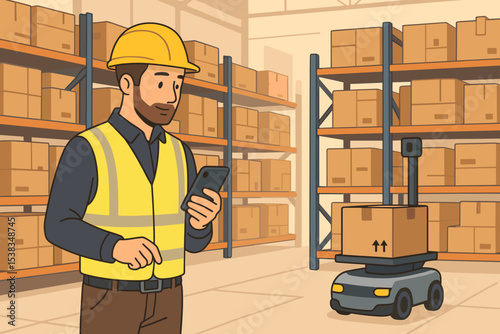 Warehouse worker managing an autonomous robot with a smartphone for inventory control. Smart logistics automation concept with AMR in a distribution center. Supply chain and Industry 4.0.