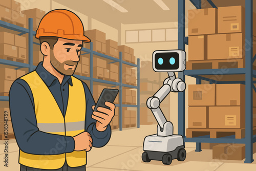 Smart warehouse management concept. Worker controls an autonomous robot with a smartphone for inventory control. Logistics and supply chain automation. Industry 4.0 technology.