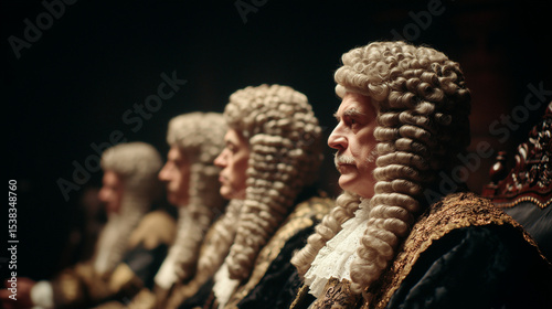 Victorian English judges wearing long powdered wigs in a court in 1850