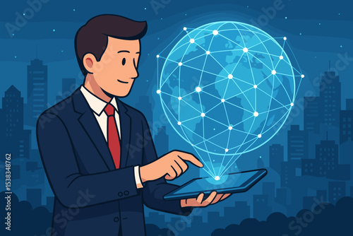 Businessman using tablet with holographic globe projection of a digital network. Concept of futuristic technology, global business, communication, innovation, and big data analysis.