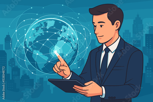 Businessman with tablet interacts with a futuristic global network. Man touching a holographic earth. Concept for digital transformation, big data, AI, internet and communication.