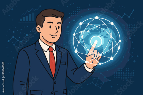Businessman touching a global network interface. Concept of technology, business analytics, and global connection. Digital transformation, innovation, and future growth vector.
