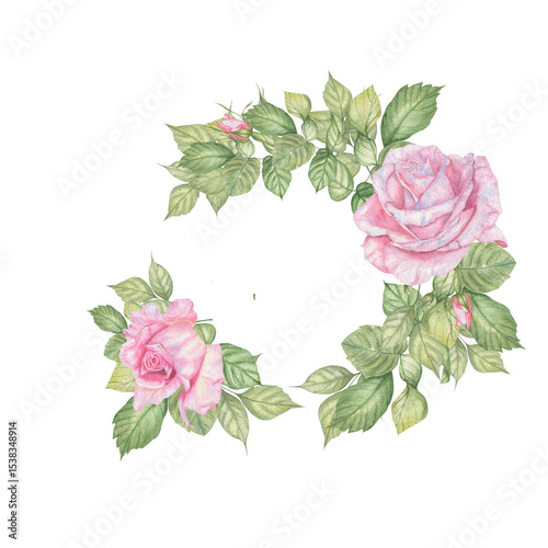 Watercolor wreath of pink flowers and green leaves. 