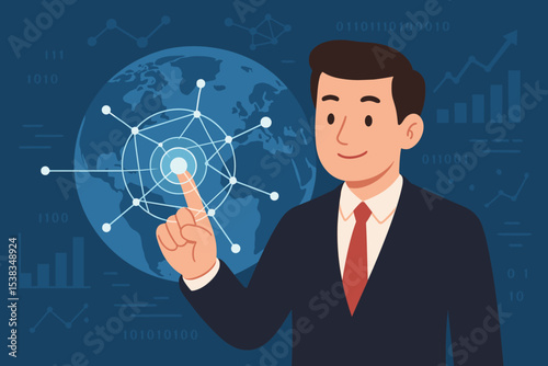 Businessman managing global network connection on a futuristic interface. Technology and data analytics concept with world map. Digital transformation for international business.