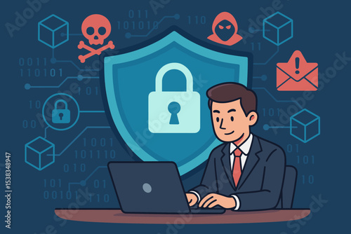 Cybersecurity network protection concept. Businessman at laptop protected by digital shield from hacker, malware, virus, and phishing attacks. Data security and privacy illustration.