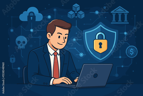 Cybersecurity concept with businessman at laptop. IT specialist securing data with shield and padlock. Network protection, cloud security, blockchain, finance, and antivirus vector.