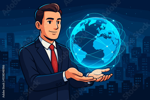 Businessman holding glowing Earth hologram. Global network connectivity concept. International business, technology, data communication. World in hands. Corporate vision vector.