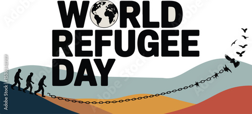 Message of World Refugee Day, illustrating silhouettes of refugees alongside birds in flight. The birds symbolize migration and hope, while the figures represent resilience and the search for safe
