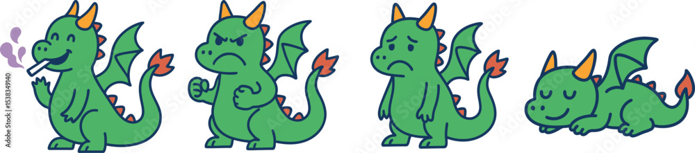 Obraz premium Cute Cartoon Dragon Character Set Vector Illustration – Emotions and Poses