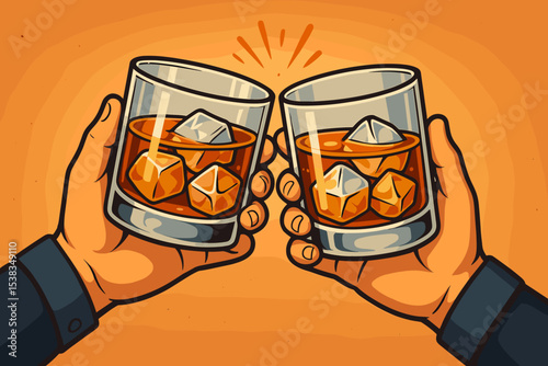 Whiskey toast vector illustration. Two hands clinking glasses with bourbon on the rocks. Concept for celebration, achievement, party, business success, or friendship toast.