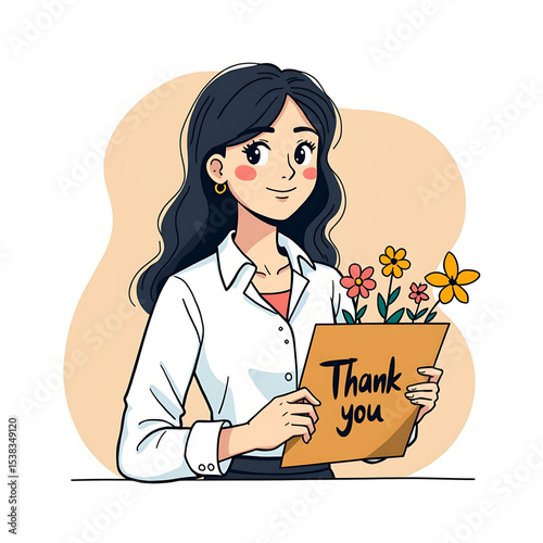 Cartoon Woman Holding Thank You Card with Flowers: Teacher Appreciation Graphic, Vector Illustration, Smiling Character
