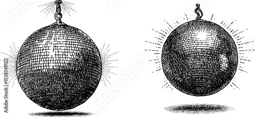 Disco vintage y2k stipple art, ball engraved retro vector png with transparent background, dance 2000s aesthetic photocopy effect