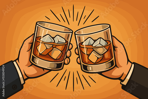 Whiskey toast illustration. Two hands clinking glasses with bourbon on the rocks. Concept for celebration, success, business agreement, or party. Retro cartoon vector artwork.