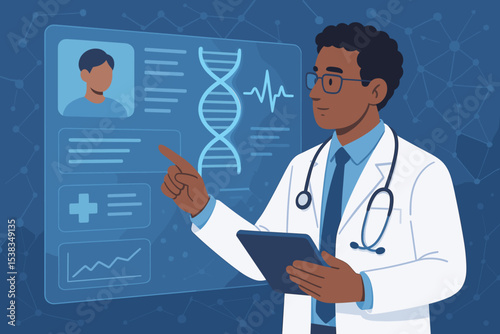 Black doctor analyzing electronic health record on futuristic interface. Concept for digital healthcare, telemedicine, medical innovation, genetic research, and modern technology.