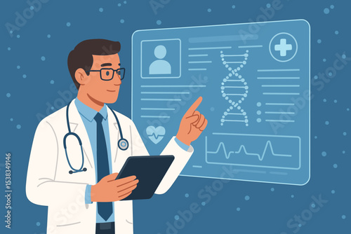Doctor analyzing patient data on futuristic screen. Concept of digital health, telemedicine, EHR. Physician studies DNA, genetics, ECG. Medical technology, innovation vector.