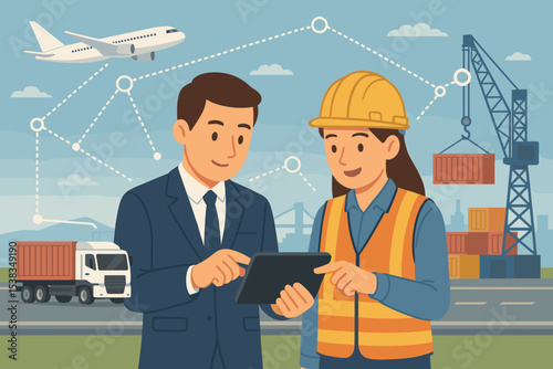 Logistics manager and engineer optimizing supply chain with tablet. Global freight transportation network concept. Vector illustration with airplane, truck, and cargo ship at port.