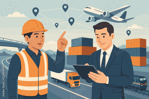 Logistics and supply chain management vector illustration. Manager with tablet and worker discuss global freight transportation network. Cargo shipping by truck, train, and plane.