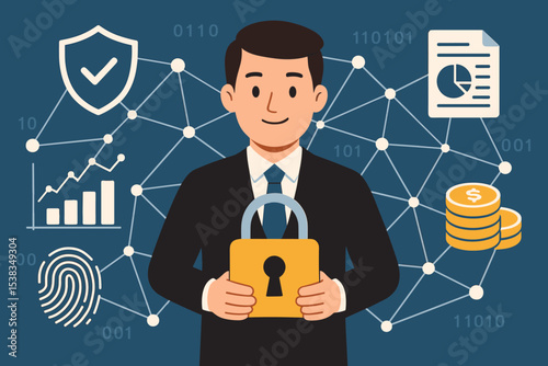 Cybersecurity and data protection concept. Businessman holding a lock to secure a digital network. Information privacy, financial data, and biometric identity access control vector.