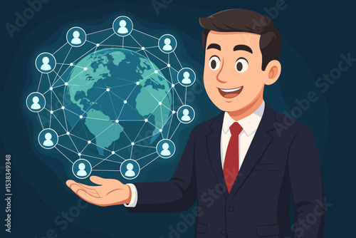 Businessman presenting a global network connection. Social media and communication technology concept. World map with people icons for international business and human resources.