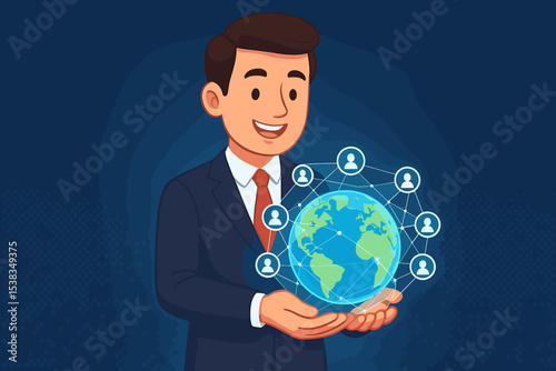 Global business networking and communication concept. Professional businessman in suit holding glowing earth globe with a network of people icons. International corporate technology.