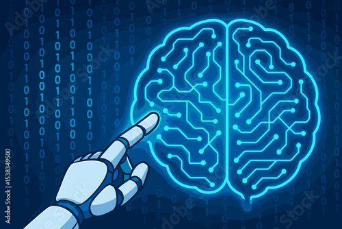 Artificial intelligence concept. Robot hand touching a glowing digital brain circuit. AI, machine learning, deep learning, big data, future technology and innovation illustration.