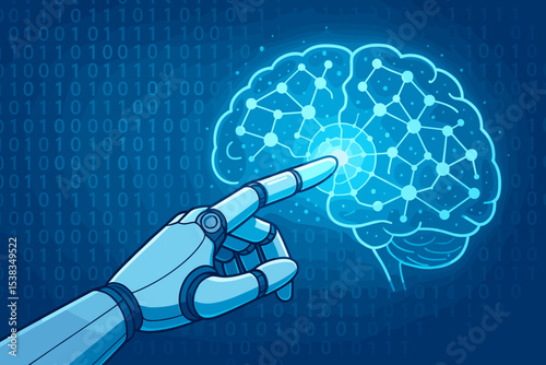 Artificial intelligence concept. Robot hand touches glowing digital brain. Machine learning, neural network technology. Future innovation, cybernetics, brain computer interface.